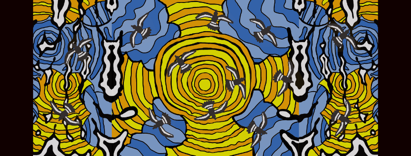 A vibrant artwork featuring yellow concentric circles, blue shapes, and flying magpies in symmetrical patterns.